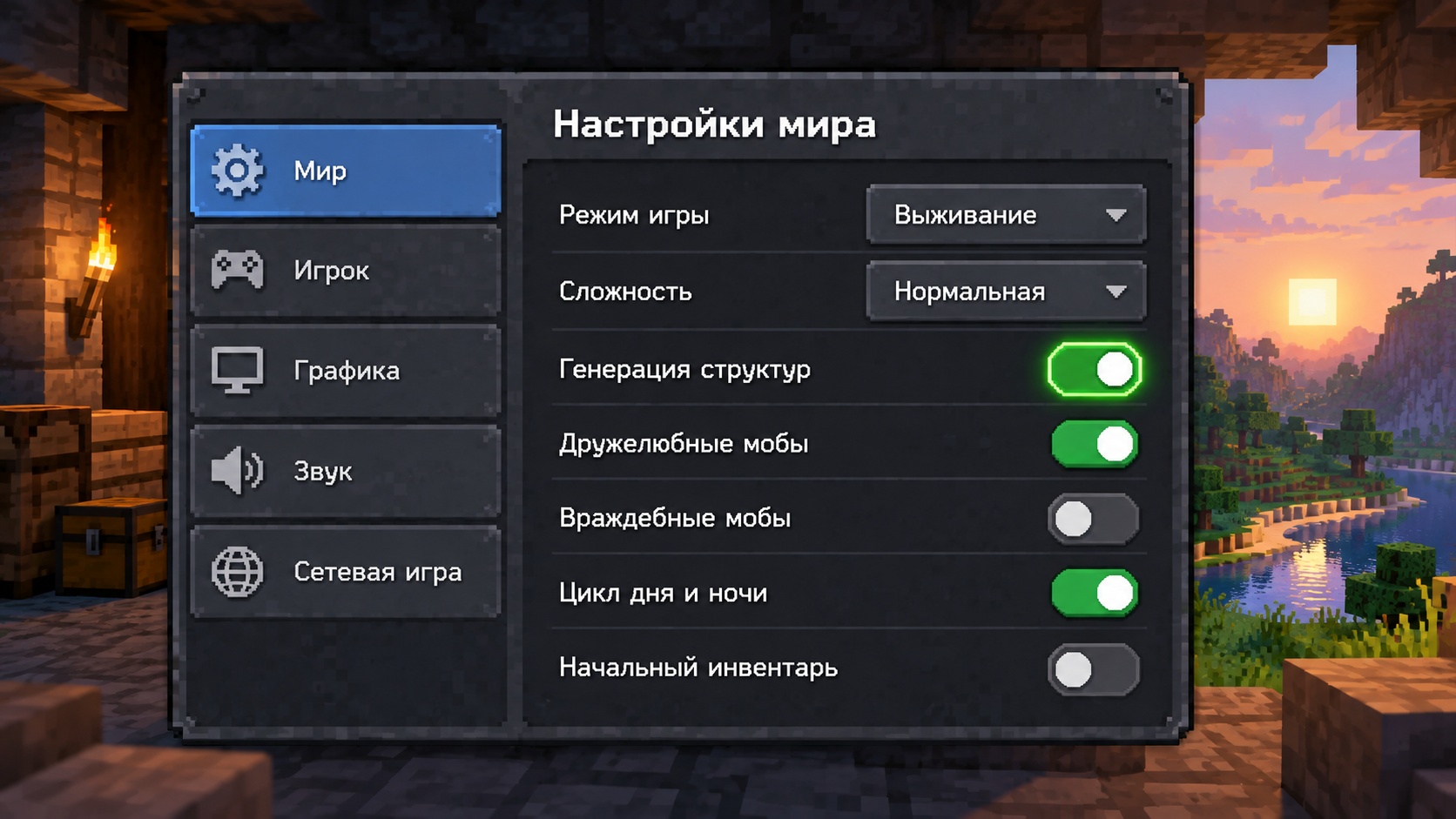Включение читов в настройках мира Переключатель читов в настройках мира